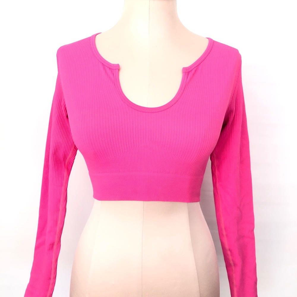 Hot Pink S Ribbed Crop Top Long Sleeve Tank Athleisure Gym workout yoga Pilates